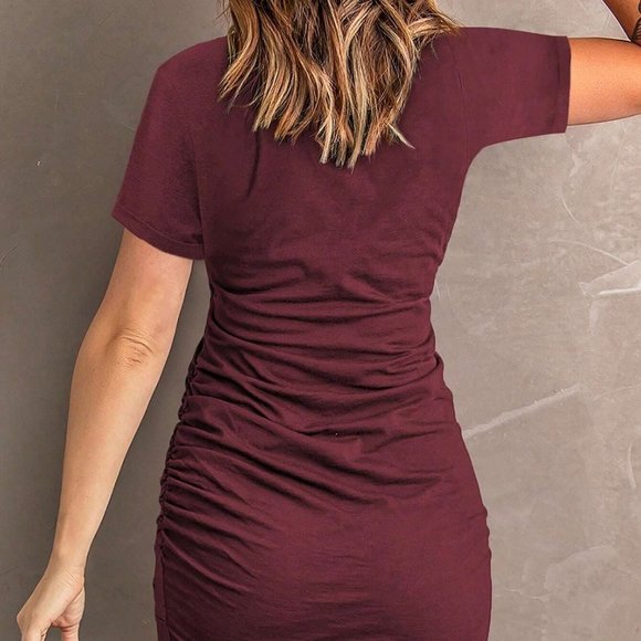 burgundy Casual Womens Solid Ruched Tulip Hem Dress - Picture 2 of 4